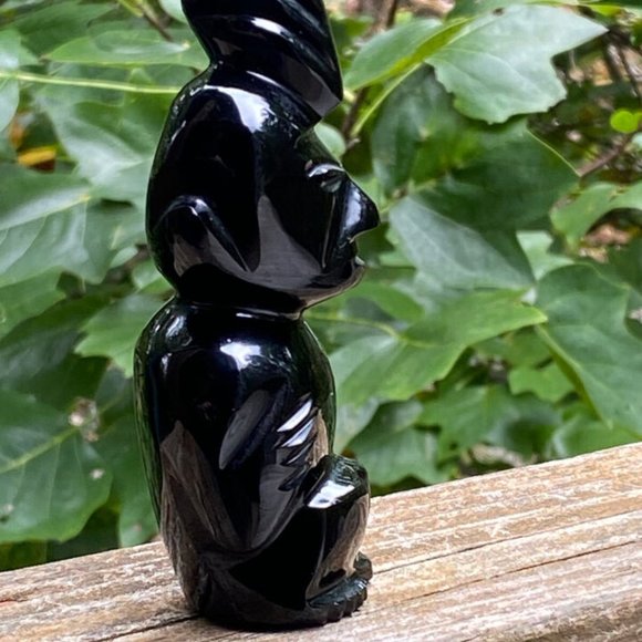 Aztec Black Onyx Gold Mayan Obsidian Carved Statue Stone Sitting Tiki Figure - Picture 5 of 13